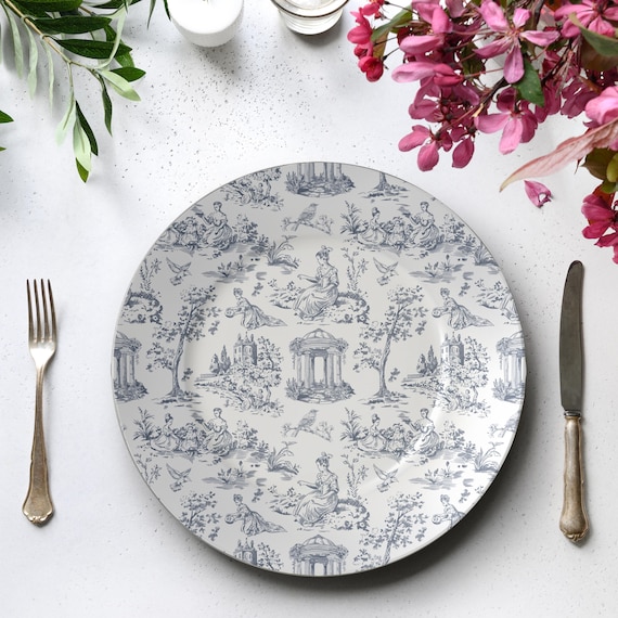 Vintage Chinoiserie Toile Dinnerware, Plastic Blue and White Plates, Lightweight Polymer Plates, Durable Reusable Outdoor Dining Plate Set