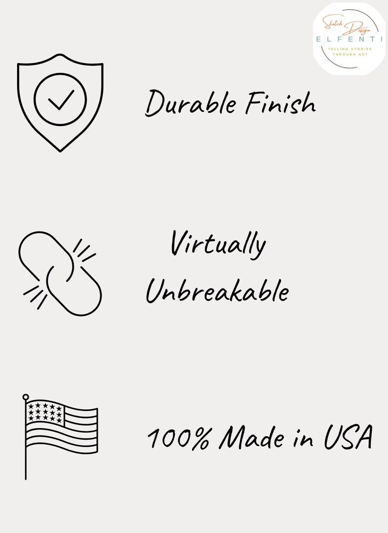 May include: Image with text: Durable Finish, Virtually Unbreakable, and 100% Made in USA. Includes a shield icon with a checkmark, a chain link icon, and an American flag.