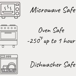 May include: An illustration showing a microwave, oven, and dishwasher with the text "Microwave Safe", "Oven Safe -250&deg;F up to 1 hour", and "Dishwasher Safe". The image is on a light beige background.