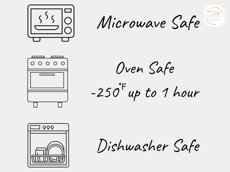 May include: An illustration showing a microwave, oven, and dishwasher with the text "Microwave Safe", "Oven Safe -250&deg;F up to 1 hour", and "Dishwasher Safe". The image is on a light beige background.