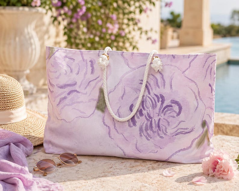 May include: A large, rectangular tote bag with a floral design in shades of lavender and purple. The bag has white rope handles and is set on a stone surface with a straw hat, sunglasses, and a scarf nearby. A pink flower and pool are in the background.