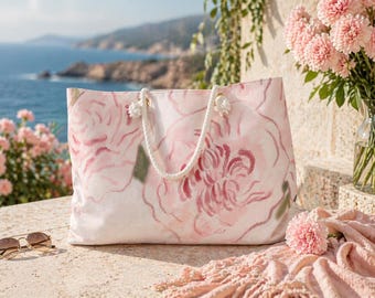Floral Weekender Tote Bag, Pink Carnation Luxury Travel Bag, Large Beach Tote, Boho Overnight Bag, Aesthetic Carryall Bag, Gift for Mom