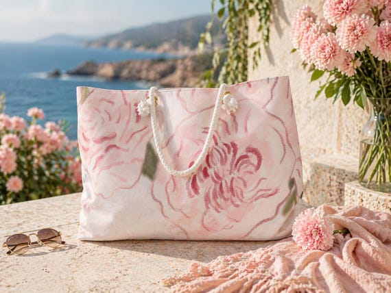 Floral Weekender Tote Bag, Pink Carnation Luxury Travel Bag, Large Beach Tote, Boho Overnight Bag, Aesthetic Carryall Bag, Gift for Mom