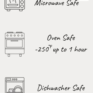 May include: An image with text indicating the product is microwave, oven, and dishwasher safe. The oven safe text specifies a temperature of -250 degrees Fahrenheit for up to 1 hour. The image includes line drawings of a microwave, oven, and dishwasher.