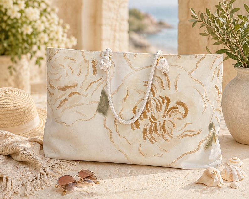 May include: A large cream-colored tote bag with a floral design in shades of brown and green. The bag has rope handles and is sitting on a stone surface. A straw hat and sunglasses are nearby.