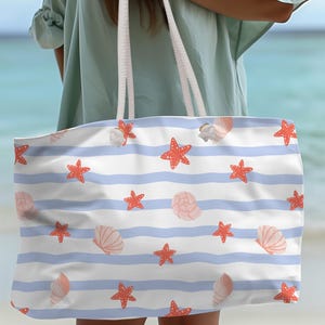 Beach Tote Bag with Seashells and Starfish, Pool Weekender Bag, Matching Summer Tote and Towel Gift, Family Vacation & Travel Shopping Bag
