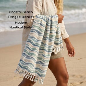 Beach Blanket Fringe Boho Coastal Throw, Lightweight Picnic Blanket, Ocean Wave Woven Throw, Beach Cloth Aesthetic, Summer Travel Blanket