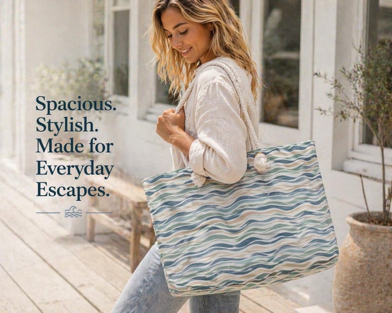 May include: A large tote bag with a wave pattern in shades of blue, green, and beige. The bag has rope handles and the text "Spacious. Stylish. Made for Everyday Escapes."
