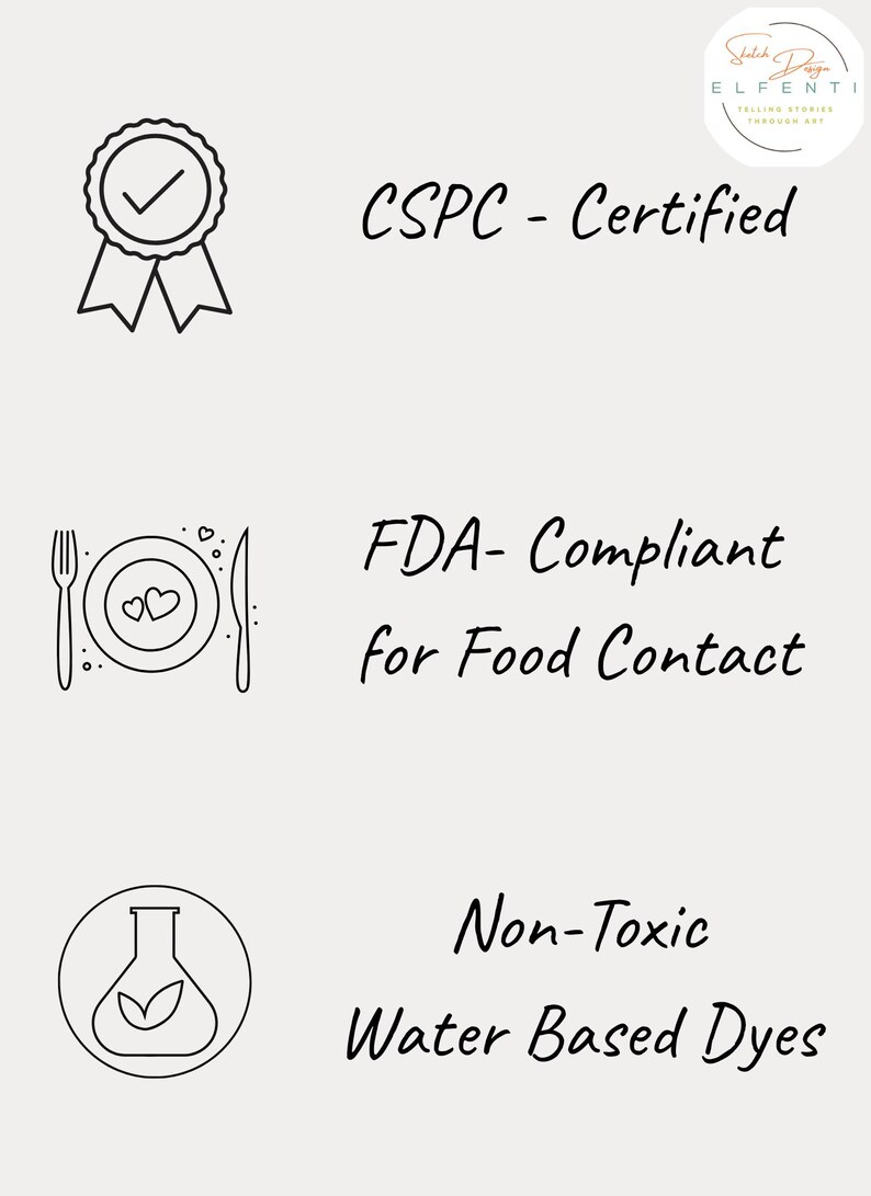 May include: Image with text stating "CSPC - Certified", "FDA-Compliant for Food Contact", and "Non-Toxic Water Based Dyes". The image includes line drawings of a badge, a plate with utensils, and a flask with a leaf.