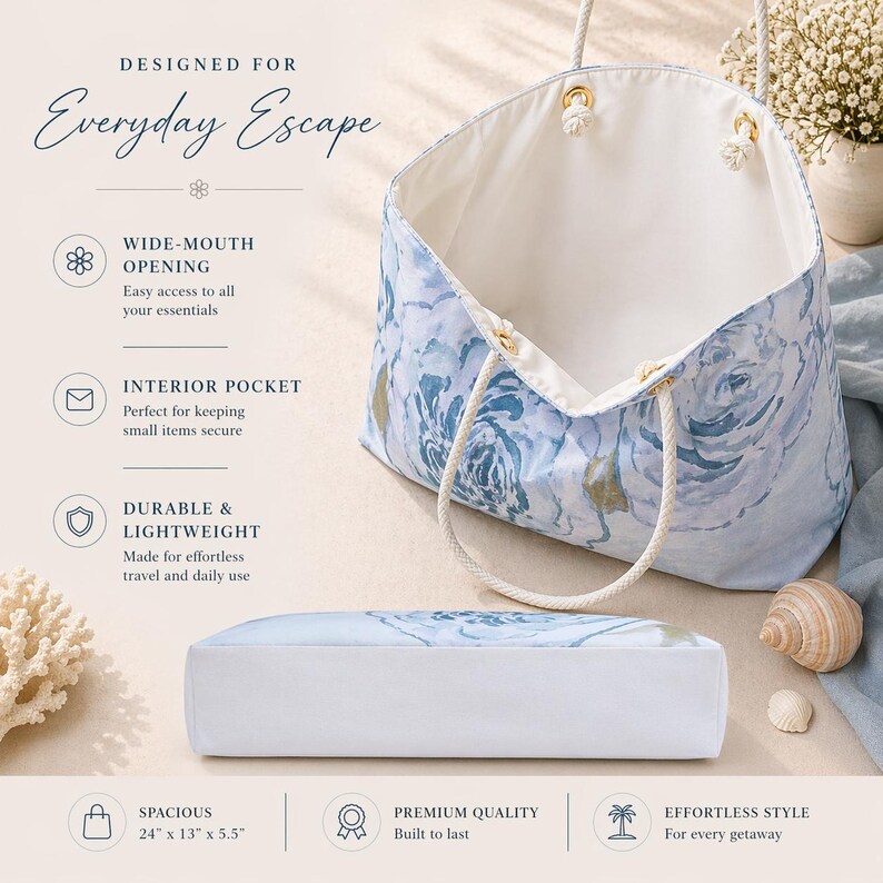 May include: A spacious tote bag with a blue floral pattern and white interior. The bag has rope handles and gold-colored metal accents. The text "DESIGNED FOR Everyday Escape" is at the top. The bag measures 24" x 13" x 5.5".