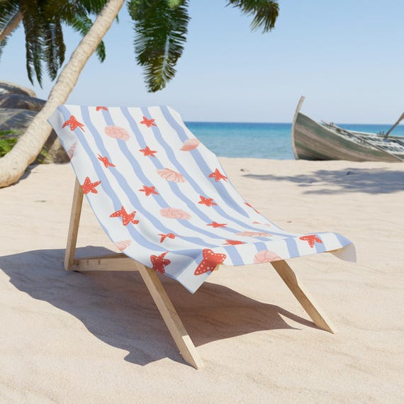Starfish Seashell Beach Towel, Blue Striped Nautical Pool Towel (30x60)