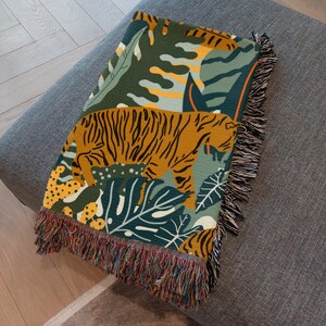 Tiger Woven Cotton Throw Blanket, Jungle Tapestry with Fringe image 2