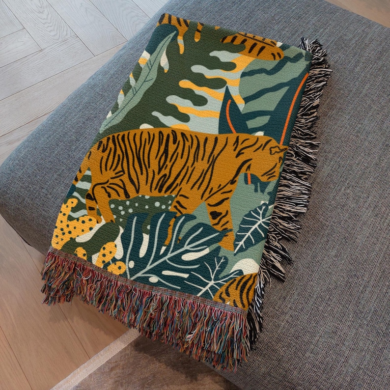 Tiger Woven Cotton Throw Blanket, Jungle Tapestry with Fringe image 2