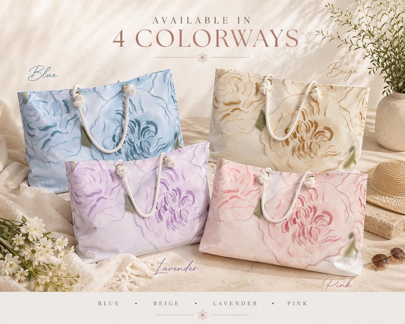 May include: Four floral-patterned tote bags in blue, beige, lavender, and pink. Each bag features a large floral design and rope handles. The text "AVAILABLE IN 4 COLORWAYS" is at the top.