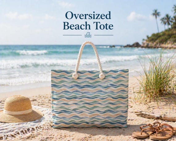 Large Beach Tote Bag, Coastal Summer Tote, Oversized Pool Bag, Nautical Wave Tote, Weekender Beach Vacation Bag, Ocean Inspired Carryall