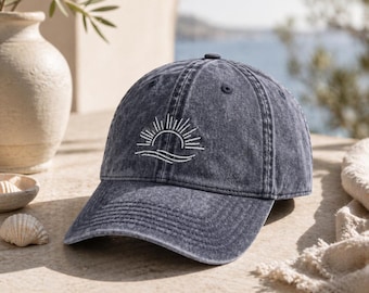 Embroidered Beach Baseball Cap, Distressed Coastal Hat, Vintage Wave Sun Hat, Summer Beach Hat for Women, Washed Cotton Cap, Coastal Gift