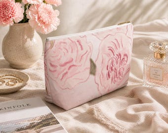Pink Floral Cosmetic Bag, Makeup Bag Organizer, Travel Makeup Pouch, Toiletry Bag, Aesthetic Pouch, Gift for Her, Floral Zipper Bag