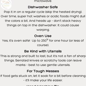 May include: White background with text about microwave, dishwasher, and oven use, plus utensil and cleaning tips. The text includes "Microwave Safe", "Dishwasher Safe", "Oven Use", "Be Kind with Utensils", "For Tough Messes", and "Hand Washing Tip".