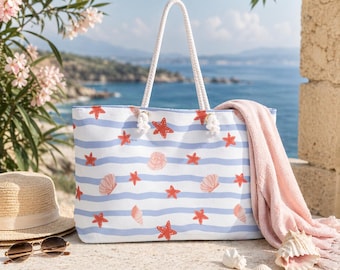 Seashell Starfish Beach Tote Bag, Blue Striped Coastal Weekender Tote, Oversized Beach Bag with Rope Handles, Summer Vacation Bag