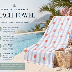 May include: Beach towel with blue and white stripes, adorned with coral starfish and seashell designs. The towel is displayed on a beach chair, with a straw bag and sunglasses nearby. The text on the towel says "Starfish & Seashell Beach Towel".