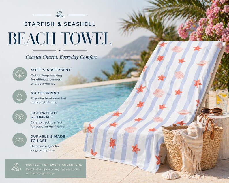 May include: Beach towel with blue and white stripes, adorned with coral starfish and seashell designs. The towel is displayed on a beach chair, with a straw bag and sunglasses nearby. The text on the towel says "Starfish & Seashell Beach Towel".