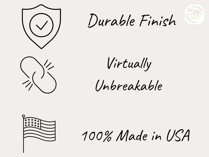 May include: Image with text and line drawings. The text reads "Durable Finish", "Virtually Unbreakable", and "100% Made in USA". The image also includes a shield with a checkmark, two linked chain links, and a US flag.