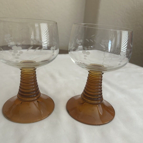 German Roemer Wine Glass Etched Grape Amber Beehive Stem Set of 2 Vintage