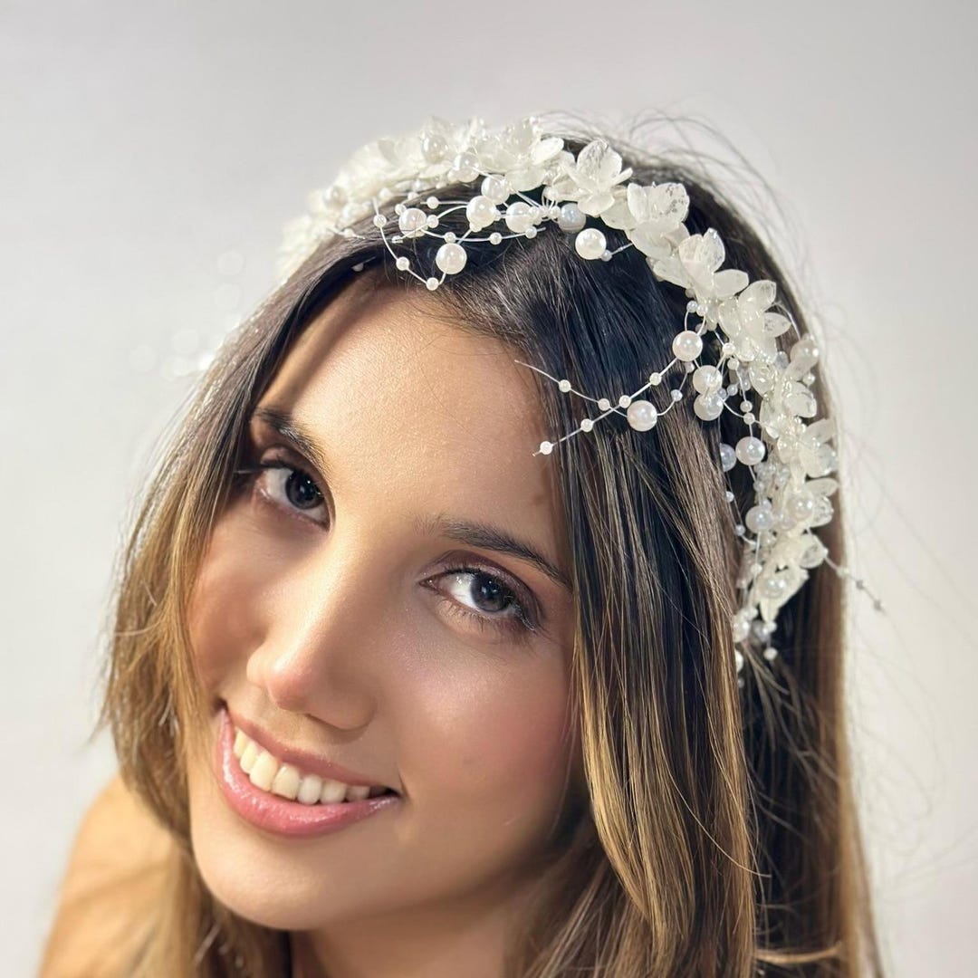 Authentic White Hydrangea Floral Tiara Elegant Botanical Headpiece For authentic-white-hydrangea-floral-tiara-elegant-botanical-headpiece-for