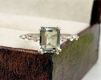 Natural Green Amethyst Ring-Natural Prasiolite Ring-Emerald Cut Amethyst Ring-Natural Amethyst Birthstone Solitaire Ring-925 Sterling Silver
