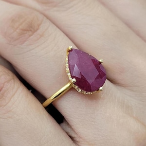 Vintage Ruby Engagement Ring-Pear Shaped Ruby Rings-Art Deco Topaz Ring-Anniversary Unique Bridal Promise Ring-14K Gold Vermeil Ring For Her