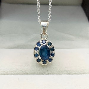 Natural Blue Sapphire Pendant-Blue Sapphire Silver Necklace-September Birthstone Necklace-Sapphire Halo Pendant-Dainty Gemstone Pendant Gift