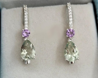 Green Amethyst Dangle Drops Earrings-Prasiolite Silver Hanging Earrings-Multi Gemstone Earrings-February Birthstone Gift-Gift For Mom