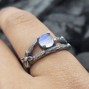 Bague de fiançailles en pierre de lune arc-en-ciel-bague branche d&#39;arbre-pierre de naissance de juin-pierre de lune vintage bague-bague feuille d&#39;argent-bague de promesse-boho bijoux en argent