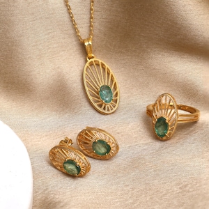 Natural Emerald Gemstone Jewelry-14K Gold Vermeil Necklace-Emerald Pendant Set-May Birthstone Gift-Filigree Gold Jewelry-Oval Green Jewelry