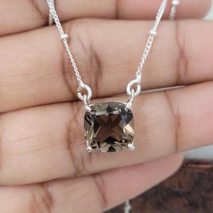 Natural Smoky Quartz Necklace-Dainty Cushion Quartz Necklace-Healing Crystal Pendant-Sterling Silver Prong Necklace-Brown Gemstone Jewelry