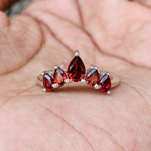 Natural Red Garnet Chevron Ring-January Birthstone Silver Ring-Garnet Jewelry for women-Garnet Engagement Ring Gift For Her-Wishbone Ring