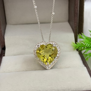 Genuine Lemon Quartz Necklace-Quartz Halo Pendant-Lime Yellow Gemstone Necklace-Quartz Heart Shape Pendant-Tiny Birthstone Pendant for Her