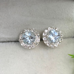 Natural Aquamarine Stud Earrings-March Birthstone Studs-Aquamarine Halo Studs Earrings-Classic Earrings-Sterling Silver Studs-Pushback Studs