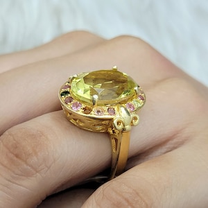 Lemon Quartz Cocktail Ring: 14K Gold Vermeil, Tourmaline Halo