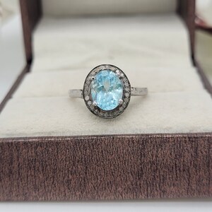 Aquamarine Halo Ring-March Birthstone Gift Ring-Aquamarine with Diamonds Ring-Blue Gemstone Ring-Aquamarine Vintage Silver Ring-Promise Ring