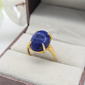 Huge Lapis Lazuli Ring-14K Gold Vermeil Ring-Blue Birthstone Ring-Cocktail Ring-Lapis-Lazuli Oval Ring-Engagement Ring-Smooth Gemstone Ring