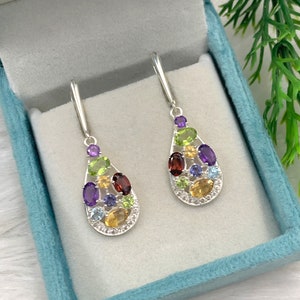Pendientes colgantes de plata de ley 925 con múltiples piedras preciosas: Joyería con piedras de colores