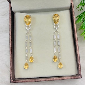 Natural Citrine Gemstone Earring-November Birthstone Silver Earrings-Citrine Dangle & Drop Earrings-Citrine Long Earrings-Earrings For Women