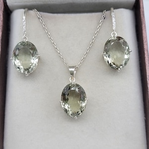 Prasiolite 925 Solid Silver Necklace-Green Amethyst Oval Jewelry-February Birthstone Gift-With Matching Earrings-Complete Set For Women&#39;s