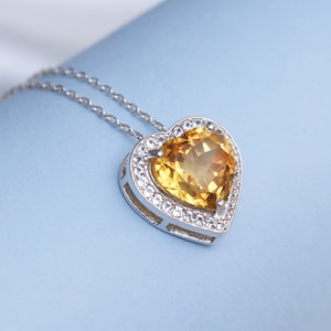 Natural Citrine Heart Necklace-Sterling Silver Pendant-Citrine Halo Necklace-Minimalist Gemstone Pendant-Yellow Heart Pendant For Women