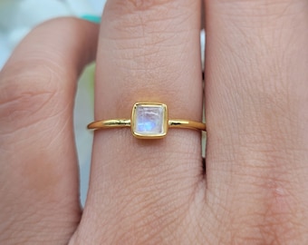14K Gold Square Moonstone Ring: Minimalist Sterling Silver Jewelry