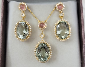 Green Amethyst Halo Necklace & Earrings Set: 925 Sterling Silver