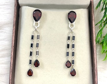Natural Garnet Sterling Silver Drop Earrings: January Birthstone Wedding Jewelry