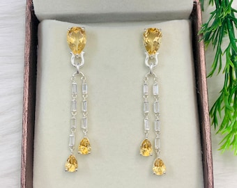 One Of a kind Earrings For Her-Natural Citrine Dangle & Drop Earring Sterling Silver-Golden Citrine Statement Earrings-Citrine Long Earrings