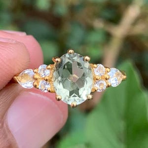 Natural Green Amethyst Ring-14K Gold Vermeil Ring-Solitaire Engagement Ring-Oval Green Stone Ring-February Birthstone Delicate Ring For Her